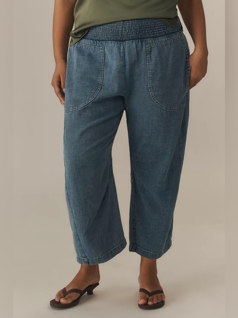 Anthropologie The Reese Smocked Denim Pull-On Barrel Pants Petite